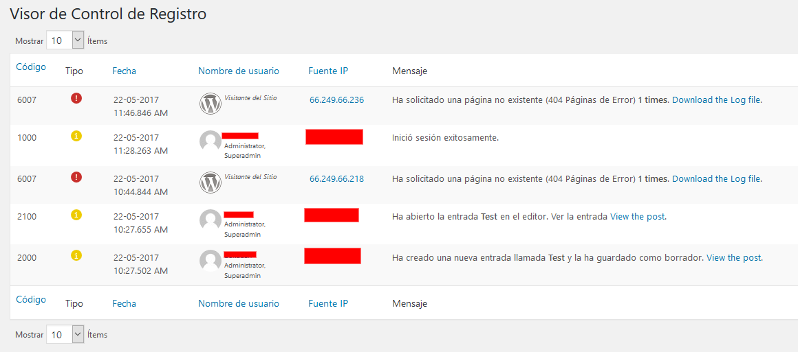 Ejemplo del Vistor de Control de Registro - WP Security Audit Log